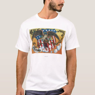 花火、旗盾を握るワシの紋章 Tシャツ