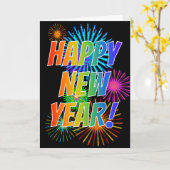 花火 + 虹スペクトルの"明けましておめでとう! " カード (黄色い花)