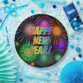 花火 + 虹スペクトルの"明けましておめでとう! " ペーパープレート (パーティー)