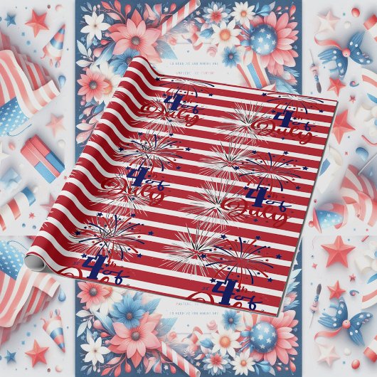 花火 赤いストライプ 4日7月 独立記念日 ラッピングペーパー