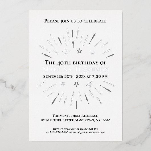 花火 40歳の誕生日パーティー 黒 白 灰 箔招待状 (正面)