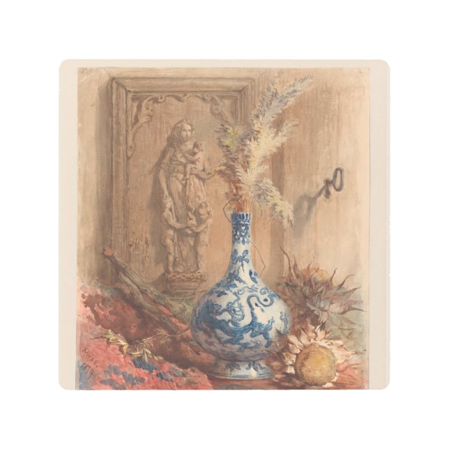 花瓶と乾中国のいたヒマワリで生きる メタルプリント (正面)