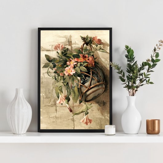 花瓶にぶら下がったピンク色の花 ポスター