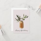 花瓶に入ったオリーブのハッピーバースデー カード (正面/裏面インサイチュ)