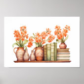 花瓶に入ったオレンジ色の花と本棚の本 ポスター (正面)