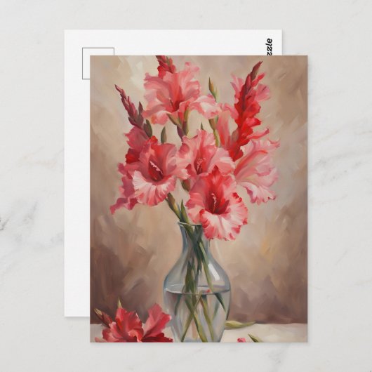 花瓶に入った赤とピンクのグラジオラスの花 ポストカード (正面/裏面)