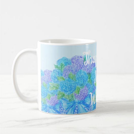 花瓶に描いた手描きのあじさい コーヒーマグカップ (左)