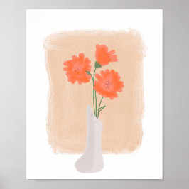花瓶に活けたオレンジ色の花 手描きアート ポスター