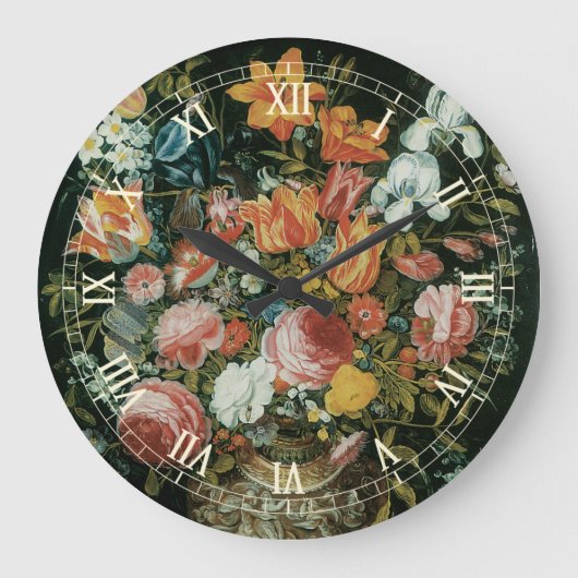 花瓶に生けたバロック調の古典的な花の静物画 ラージ壁時計 (正面)
