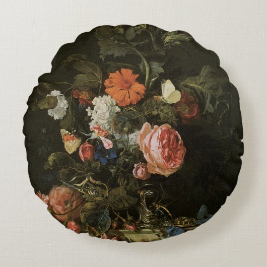 花瓶に生けた花の静物画、ヴィンテージ バロック様式 ラウンドクッション (正面)