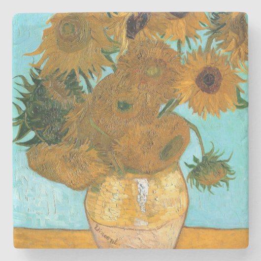 花瓶に12本のひまわり絵画（静物） ストーンコースター (正面)