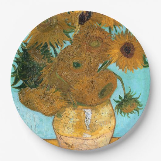 花瓶に12本のひまわり絵画（静物） ペーパープレート (正面)