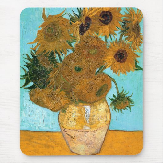 花瓶に12本のひまわり絵画（静物） マウスパッド (正面)