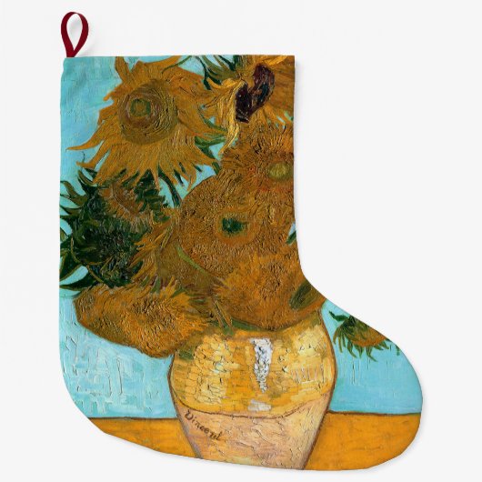 花瓶に12本のひまわり絵画（静物） ラージクリスマスストッキング (正面)