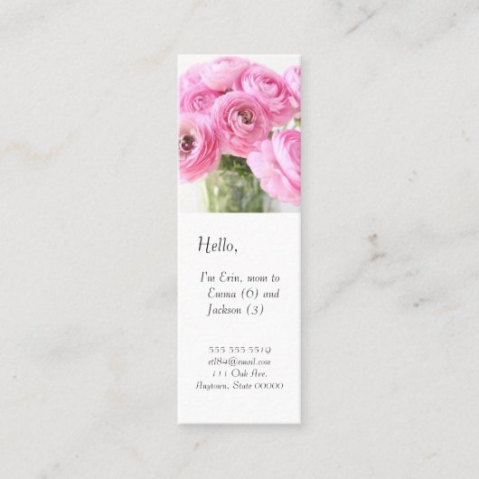 花瓶のお母さんのしおりにピンクのランヌクルスが入っている スキニー名刺 (正面)