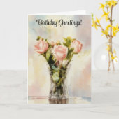 花瓶のピンクのバラの花束誕生日カード カード (黄色い花)