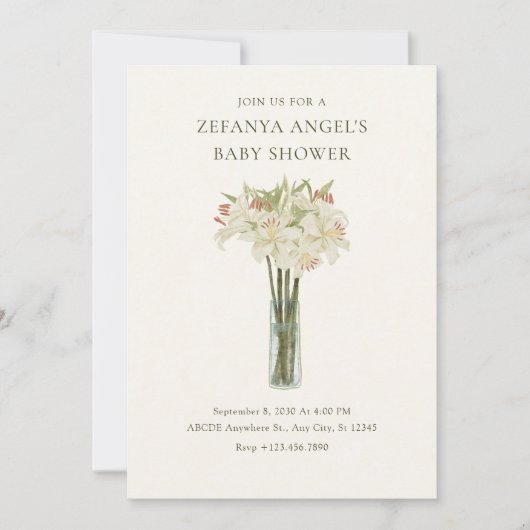 花瓶のミニマルな赤ちゃんシャワーのベージュリリーの花 招待状 (正面)