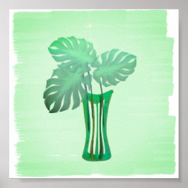 花瓶の中の明るい緑葉のトロピカルな花 ポスター