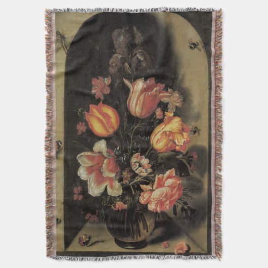花瓶の中の花、ヴィンテージバロックフローラ静物 スローブランケット (正面縦)