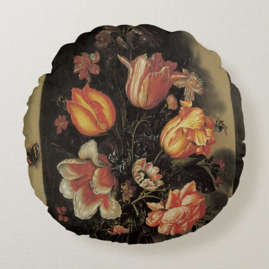 花瓶の中の花、ヴィンテージバロックフローラ静物 ラウンドクッション (正面)