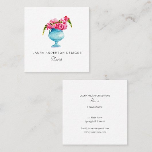 花瓶の水色ピンクの花花花屋 スクエア名刺 (正面/裏面)