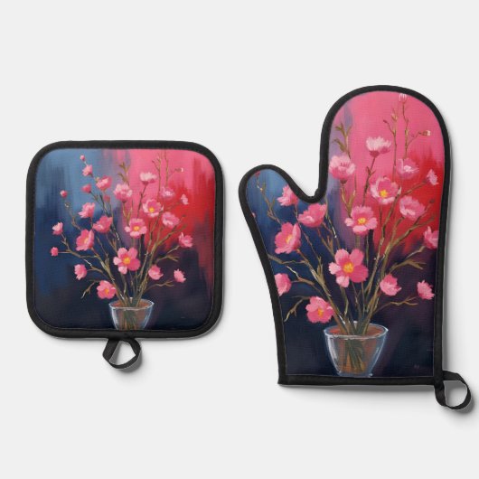 花瓶の美しい花 鍋つかみ&鍋敷きセット (正面)