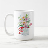 花瓶の花輪の水色の花束でリブ付き コーヒーマグカップ (左)