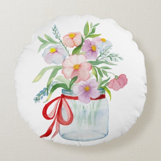 花瓶の花輪の水色の花束でリブ付き ラウンドクッション (正面)