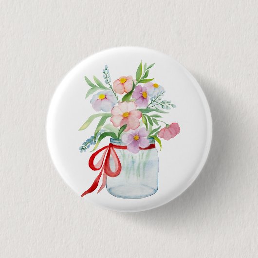 花瓶の花輪の水色の花束でリブ付き 缶バッジ (正面)