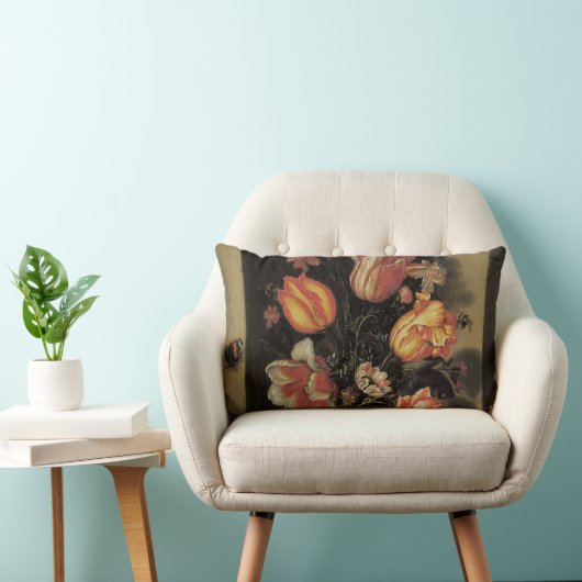 花瓶の花、バロック風の花の静物画 ランバークッション (椅子)