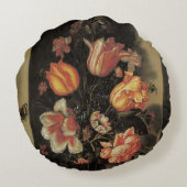 花瓶の花、ヴィンテージ・バロックの花の静物 ラウンドクッション (裏面)