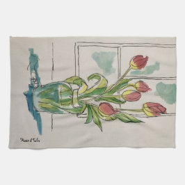 花瓶の赤いチューリップ キッチンタオル