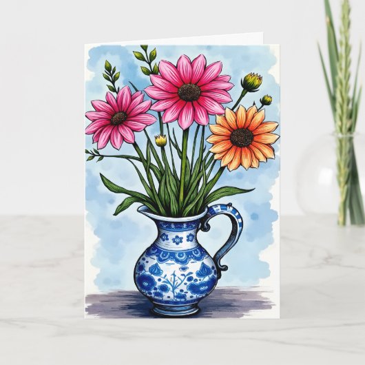 花瓶の鮮やかな花たち お早う元気になって カード (正面)