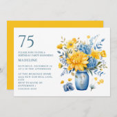 花瓶イエローブルー花75誕生日 招待状 (正面/裏面)