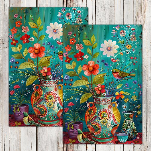 花瓶カラフルの切り離し花を持つ鳥 薄葉紙