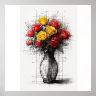 花瓶モダンの赤と黄色のバラ 箔ポスター