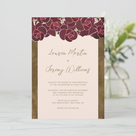 花瓶モダンピンクのフローラのブルゴーニュのバラ結婚 招待状 (スタンド正面)