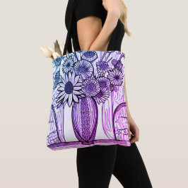 花瓶ラインスケッチパープルブルーフローラアート トートバッグ