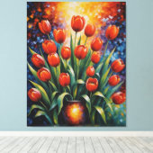 花瓶絵を描に入った赤いチューリップ キャンバスプリント (インサイチュ (ウッドフロア))