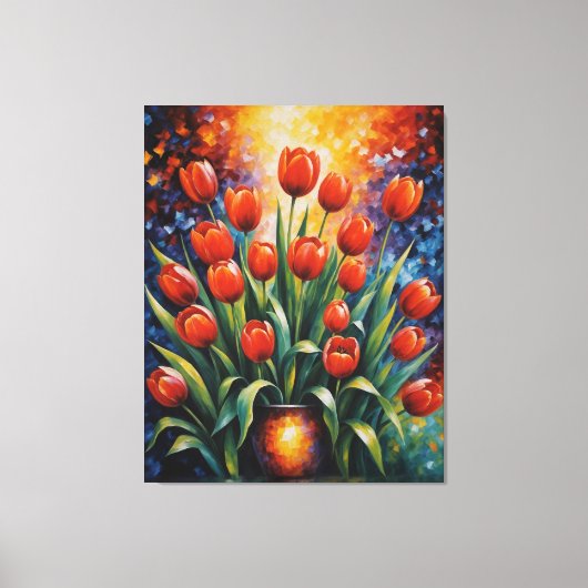 花瓶絵を描に入った赤いチューリップ キャンバスプリント (正面)