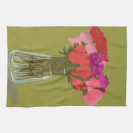 花瓶芸術品を気取ったにカラフル幸せな花+名前をカスタムする キッチンタオル