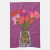 花瓶芸術品を気取ったにカラフル幸せな花+名前をカスタムする キッチンタオル (縦)