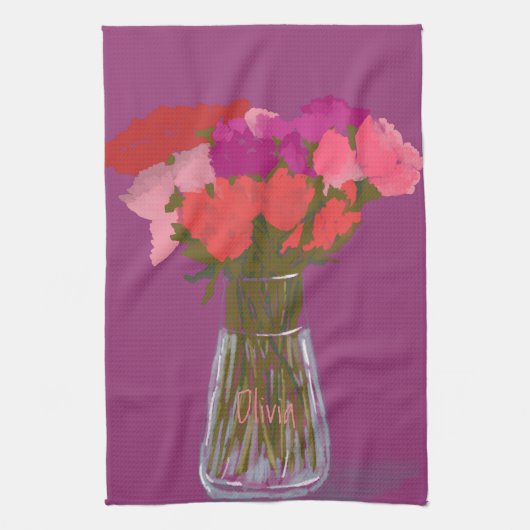 花瓶芸術品を気取ったにカラフル幸せな花+名前をカスタムする キッチンタオル (縦)