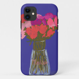 花瓶芸術品を気取ったにカラフル幸せな花+名前をカスタムする iPhone 11 ケース