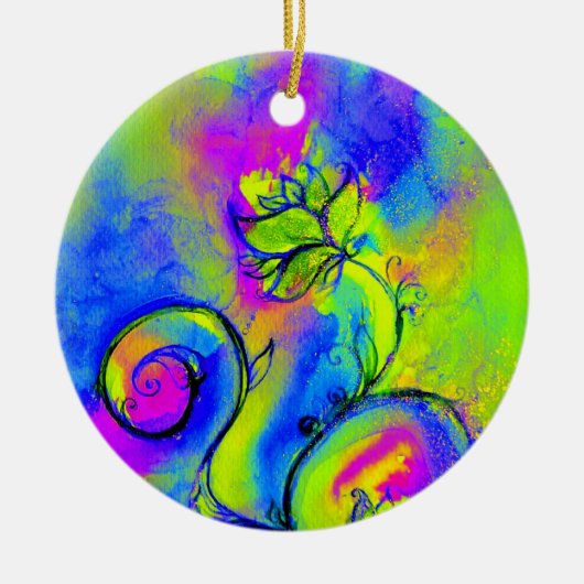 花用モお洒落ノグラムピンクイエローパープルー セラミックオーナメント (正面)