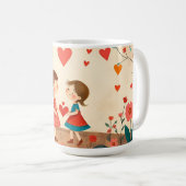 花畑でハートをシェアする2人の女の子 コーヒーマグカップ (正面右)