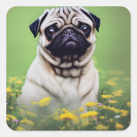花畑でパグ スクエアシール (正面)