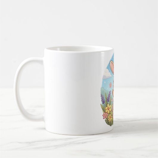 花畑でホップするキュートなウサギ コーヒーマグカップ (左)