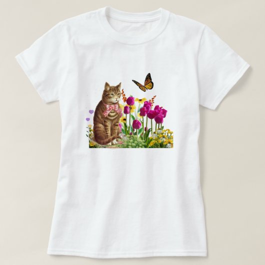 花畑で蝶と戯れるかわいい猫 Tシャツ (デザイン正面)