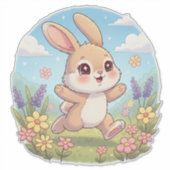 花畑で跳ねるかわいいウサギ シール (正面)